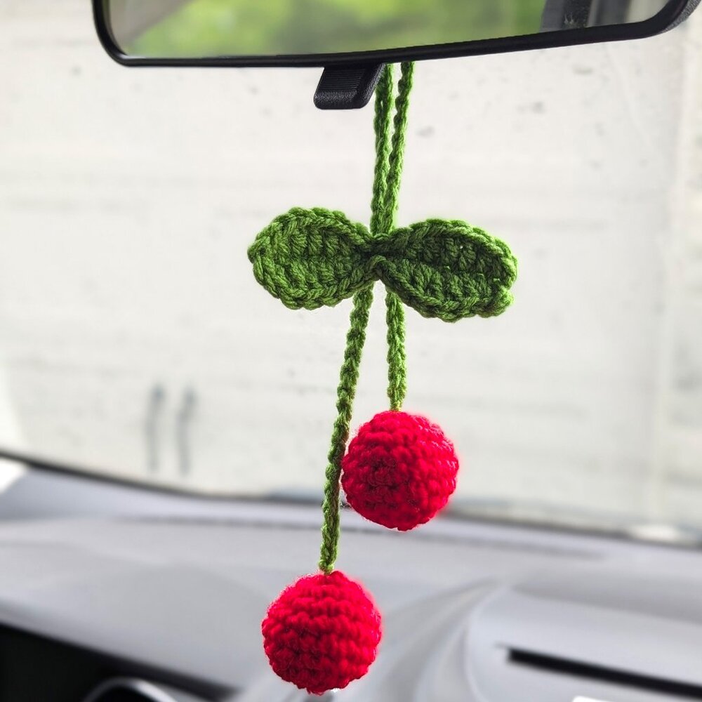 Crochet Cherries Charm | Hanging Accessory for Car Mirror, Bags, Door Knobs